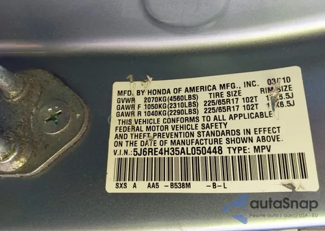 2010 Honda Cr-V Lx из США, поврежденный, VIN 5J6RE4H35AL050448